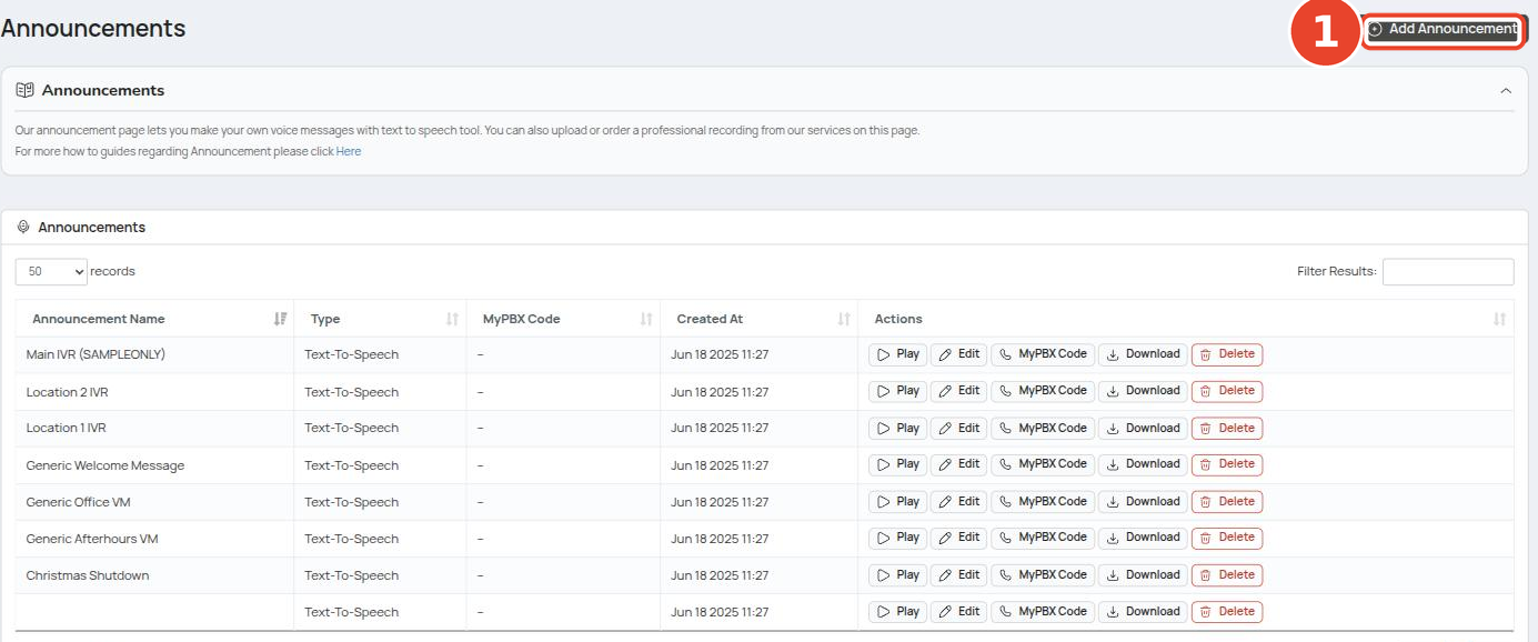 Announcements list with the Add Announcement button