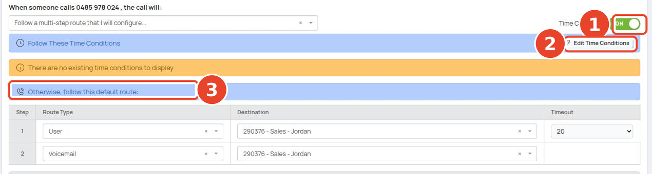 Turning on Time Conditions on a number's route, with Edit Time Conditions and the default (after-hours) route