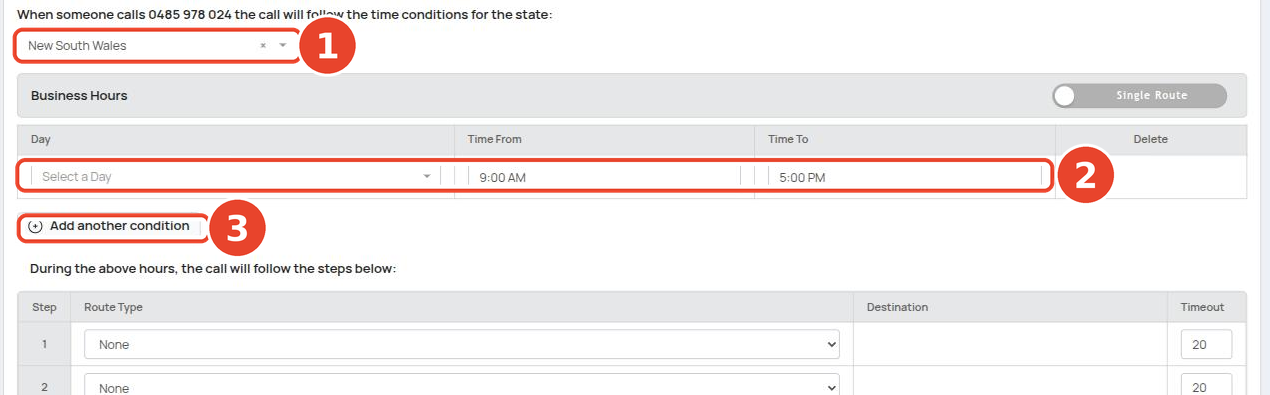 The Time Conditions page: state selector, business-hours schedule, and the route for those hours