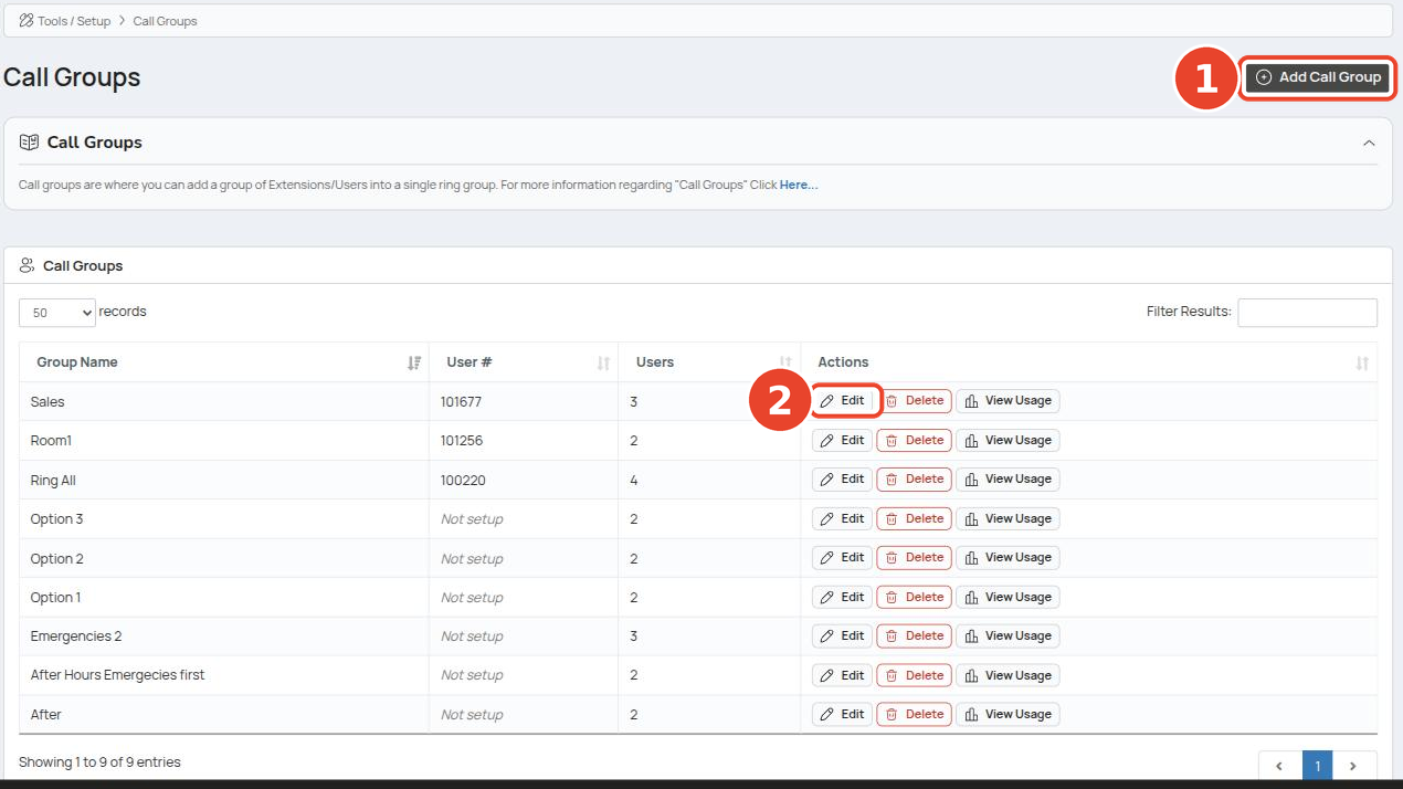 Call Groups list with the Add Call Group button and a group's Edit action highlighted