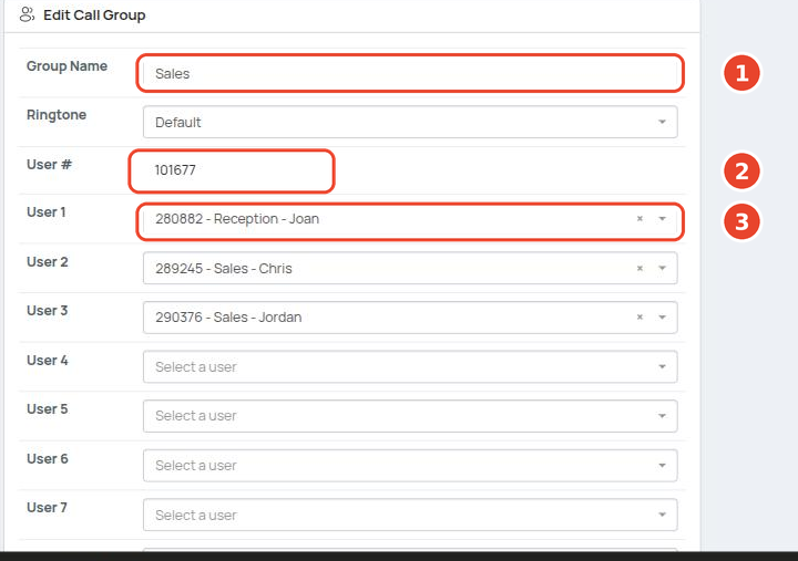 Edit Call Group screen showing Group Name, the User # internal extension, and the user slots