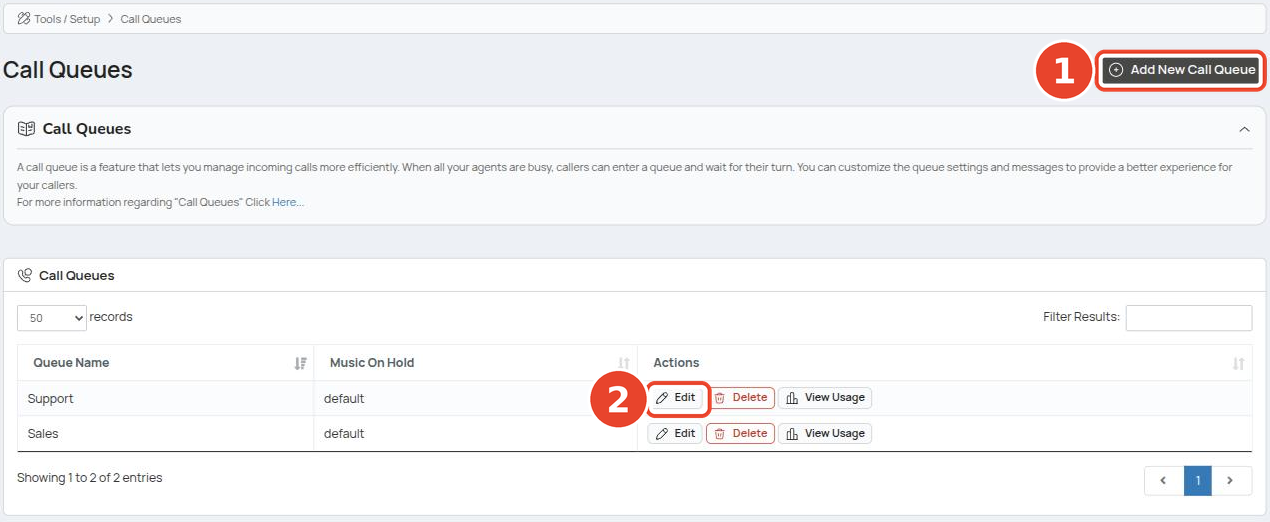 Call Queues list with the Add New Call Queue button and a queue's Edit action highlighted