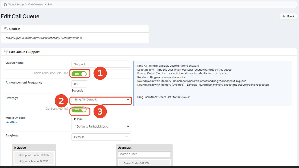 Queue edit screen highlighting Announce Hold Time, Strategy, and Dial Busy Agents