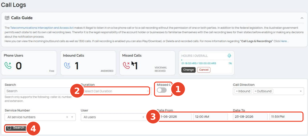 Call report filter bar and stat tiles