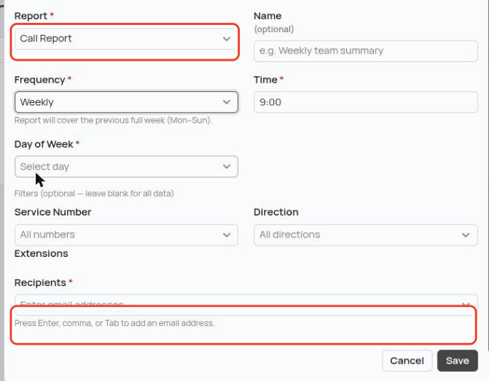 Add Scheduled Report dialog