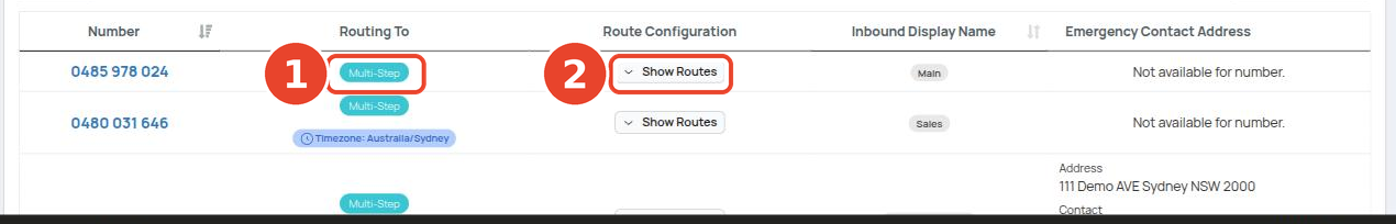 Numbers list showing each number's routing and the Show Routes button