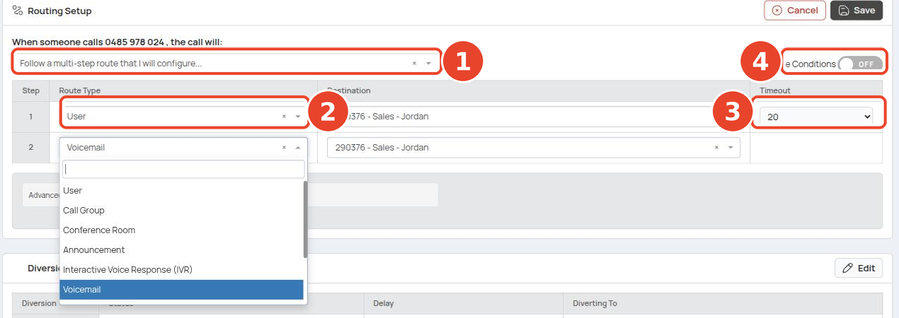 Route editor: choose direct or multi-step, add steps with a route type, destination and timeout