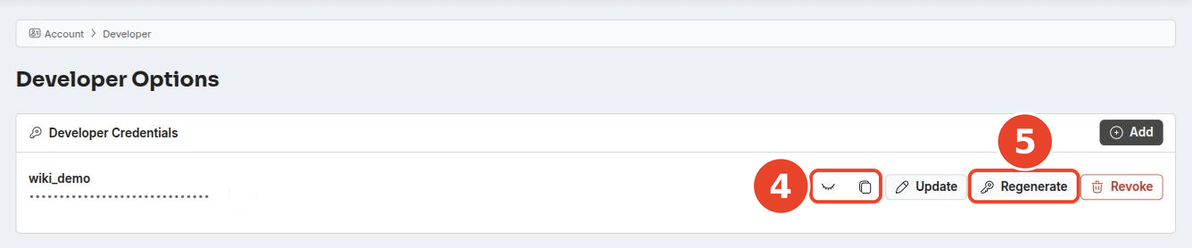 Credential row with show, copy, and Regenerate