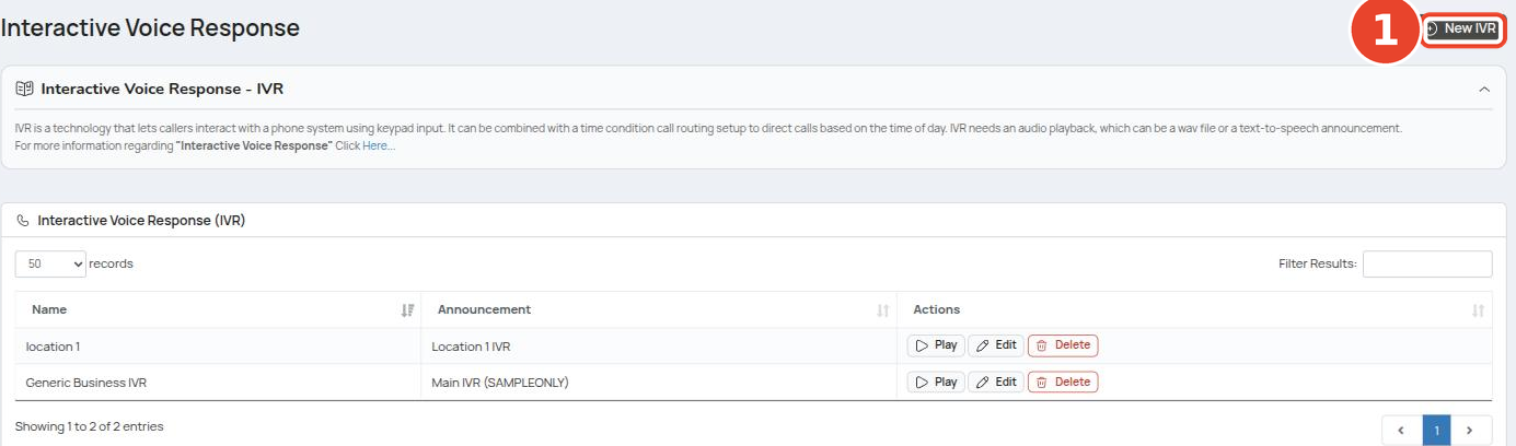 IVR list with the New IVR button