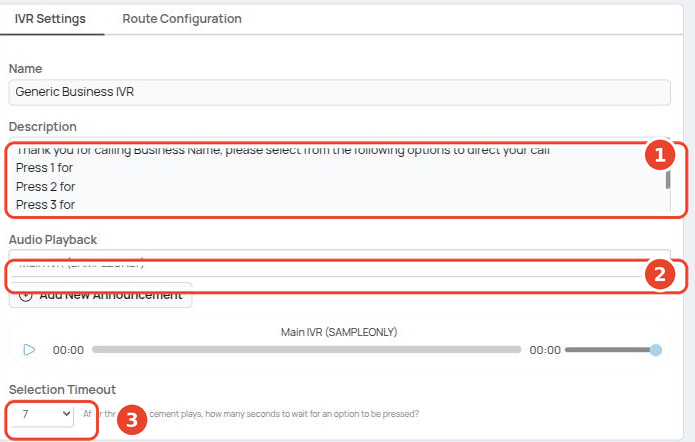 IVR Settings tab: name, description, audio playback and selection timeout