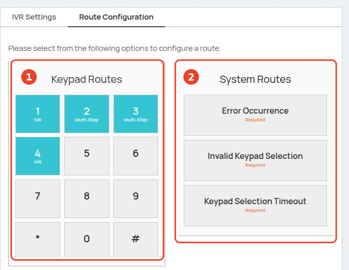 Route Configuration tab: the keypad routes grid and the required system routes