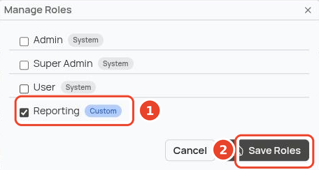 Manage Roles dialog with Reporting ticked